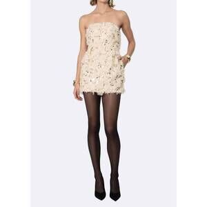 NEW NONCHALANT LABEL isabella faux fur mini dress in off white/gold sequins